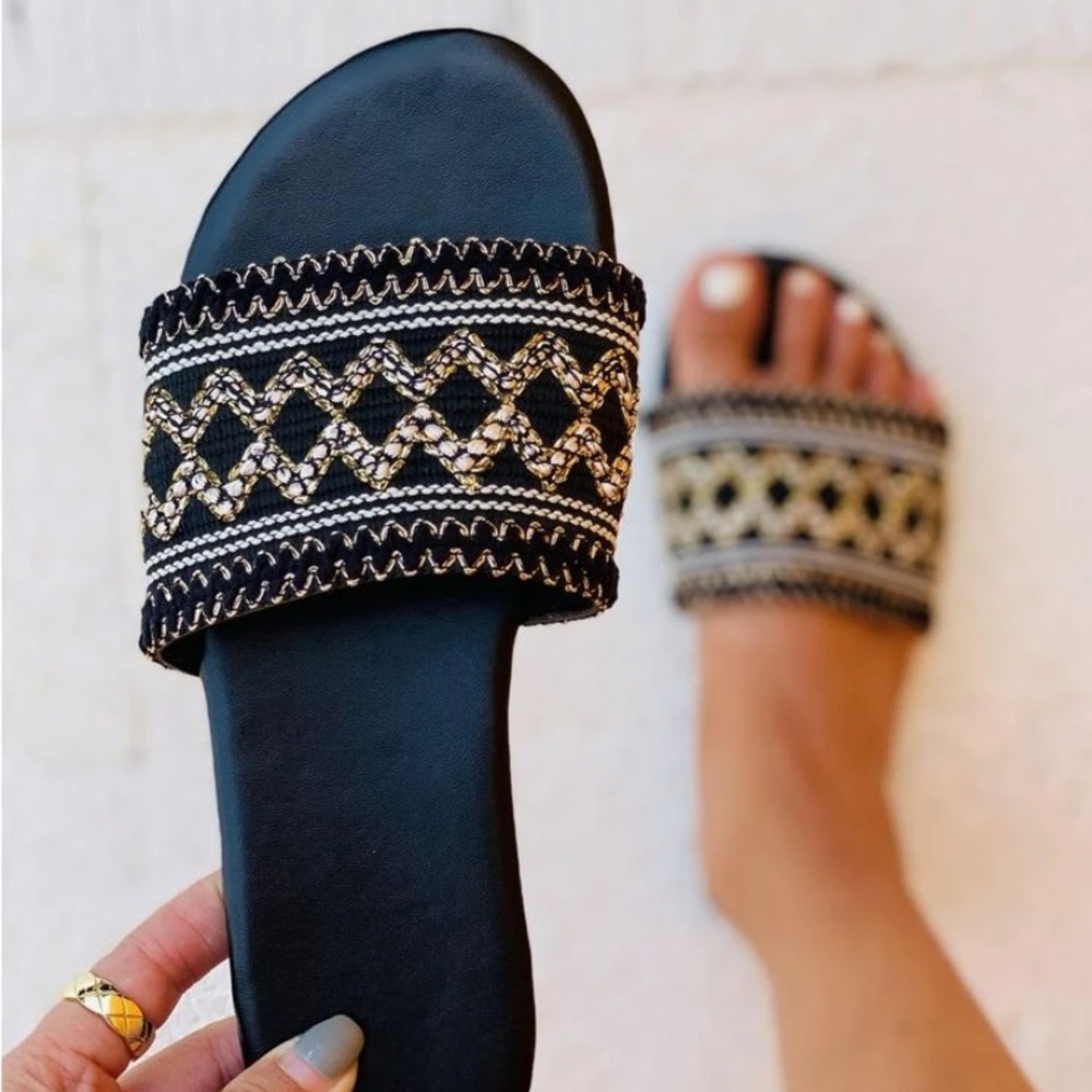 Ladies Roma Black Geometric Summer Slides Size 42